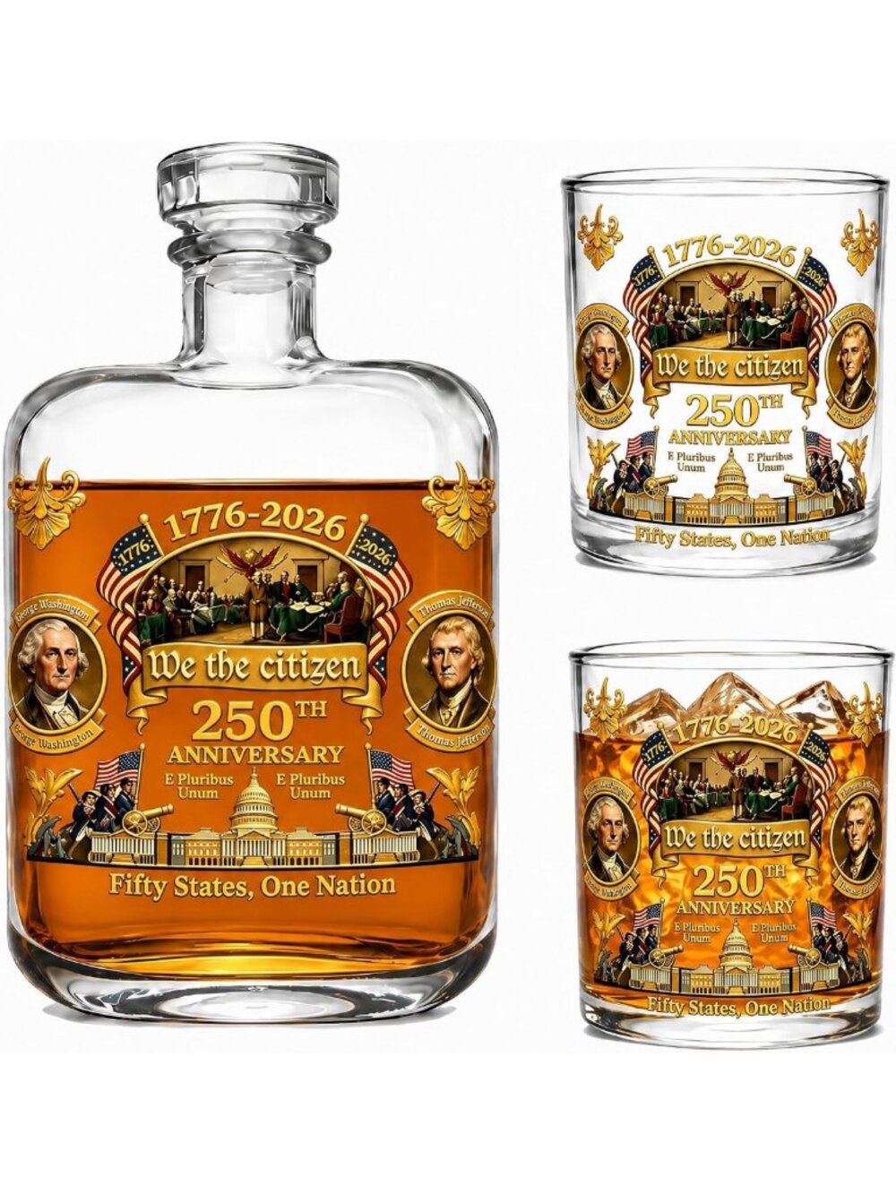 250th Anniversary Whiskey Decanter Set with 2 Glasses - Patriotic Bourbon Gift